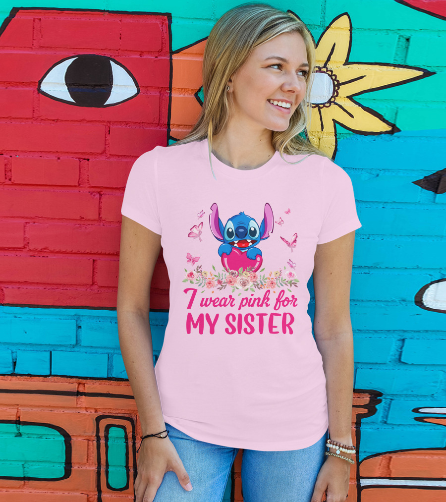 I Wear Pink For My Sister Stitch Butterfly Flower Theme T-Shirt