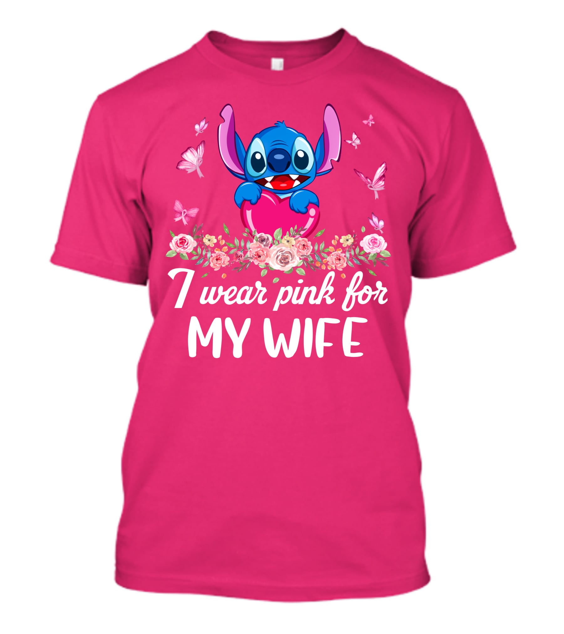 Stitch I Wear Pink For My Wife Butterfly And Floral T-Shirt