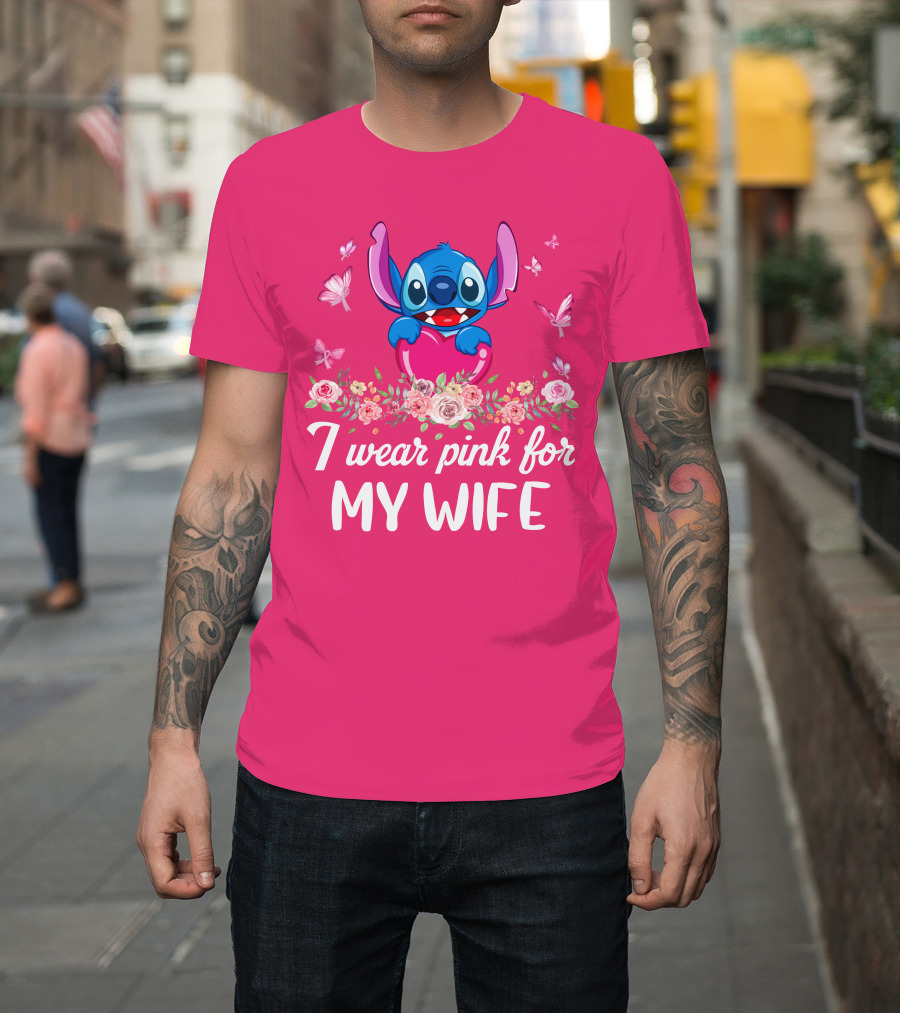 Stitch I Wear Pink For My Wife Butterfly And Floral T-Shirt