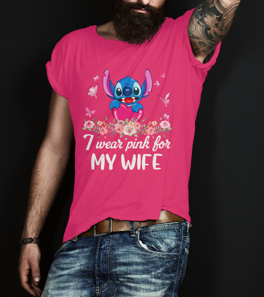 Stitch I Wear Pink For My Wife Butterfly And Floral T-Shirt