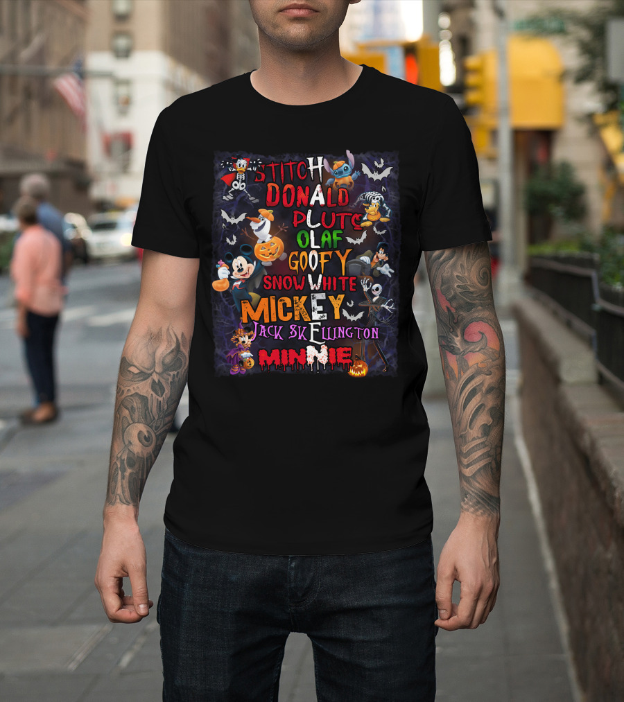 Stitch Donald Pluto Olaf Goofy Snow White Mickey Jack Skellington Minnie Halloween Disney Characters T-Shirt