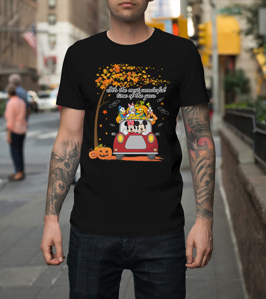It's The Most Wonderful Time Of The Year Halloween Disney Characters In Car With Pumpkins And Leaves T-Shirt