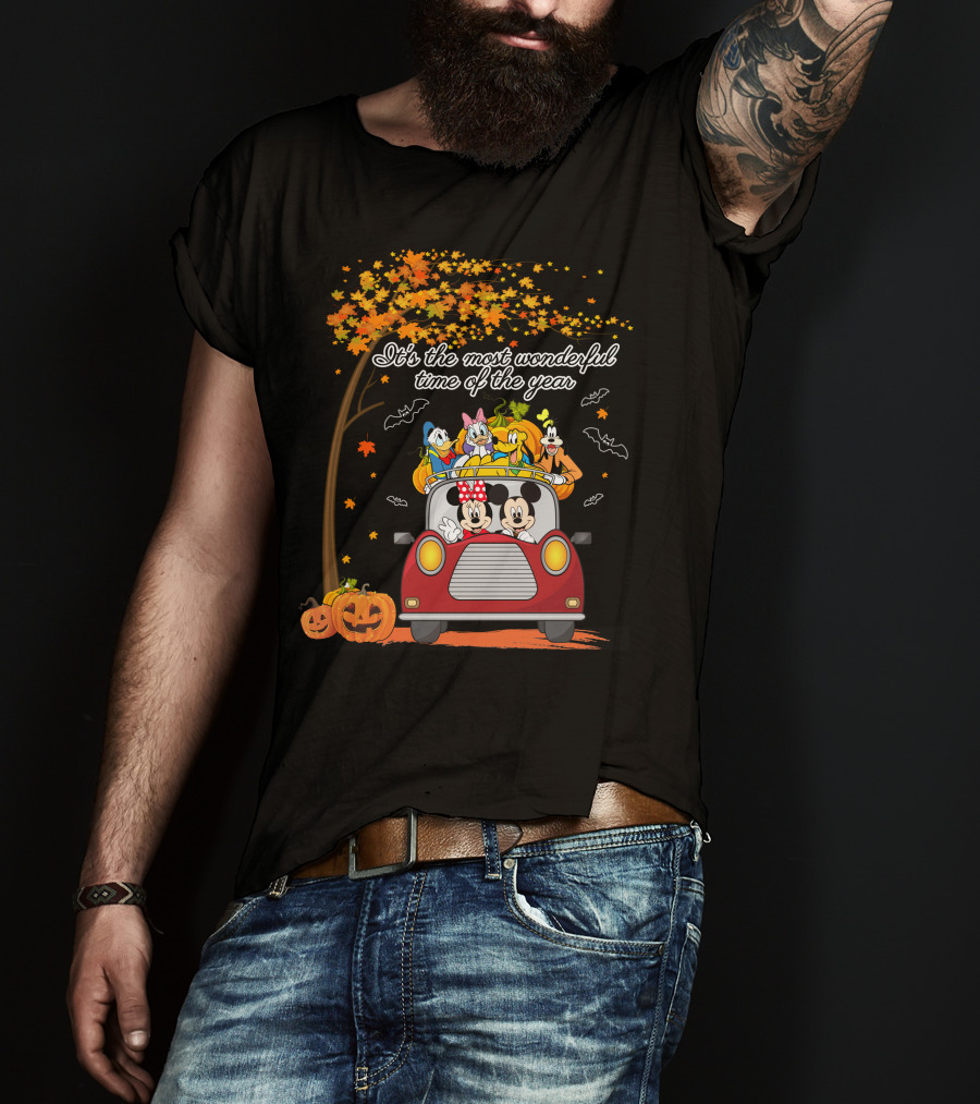 It's The Most Wonderful Time Of The Year Halloween Disney Characters In Car With Pumpkins And Leaves T-Shirt