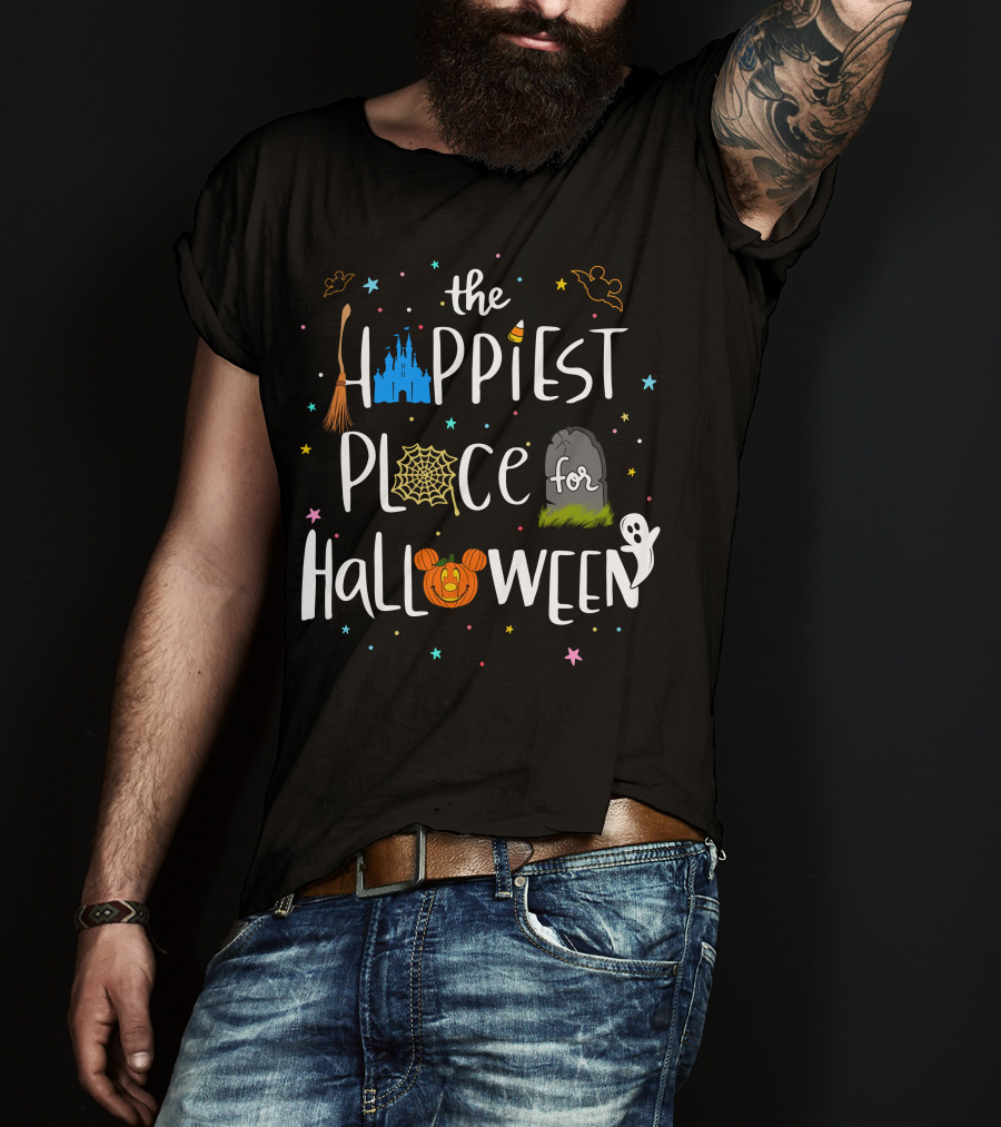 The Happiest Place For Halloween Spooky Castle Mickey Pumpkin Ghost Bats T-Shirt
