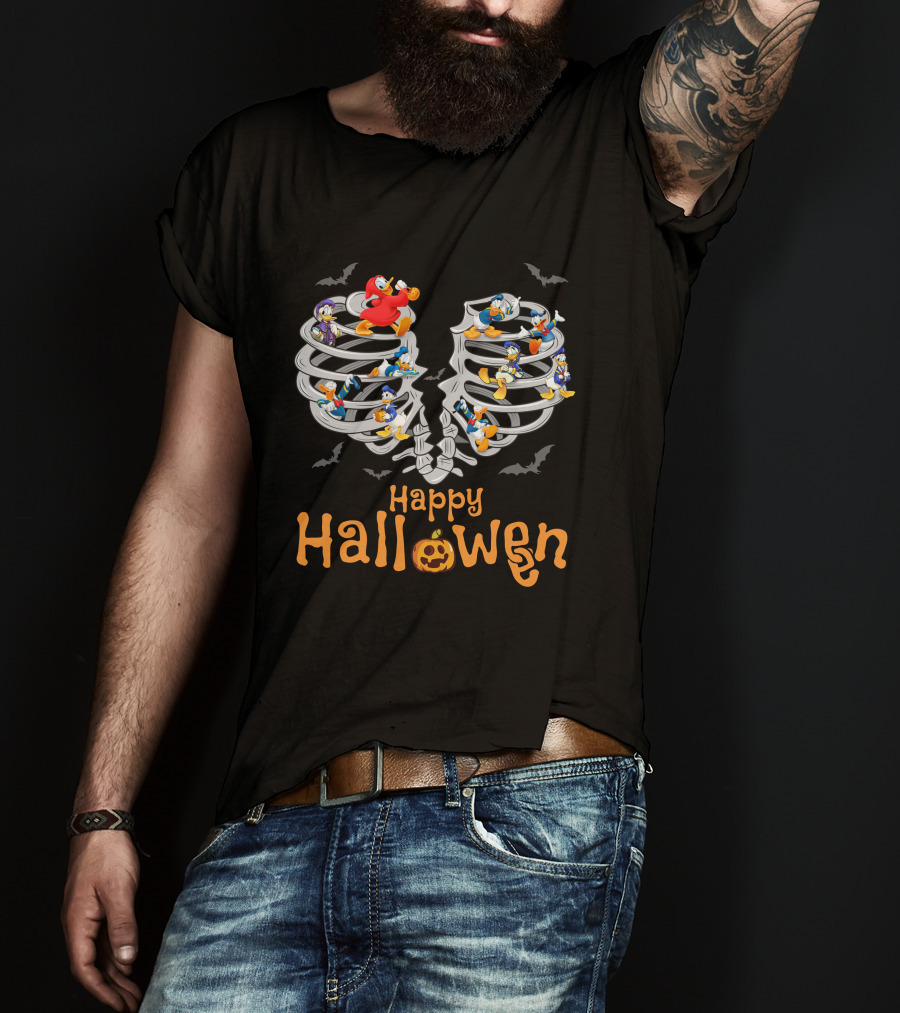Happy Halloween With Donald Duck And Ribcage Skeleton T-Shirt