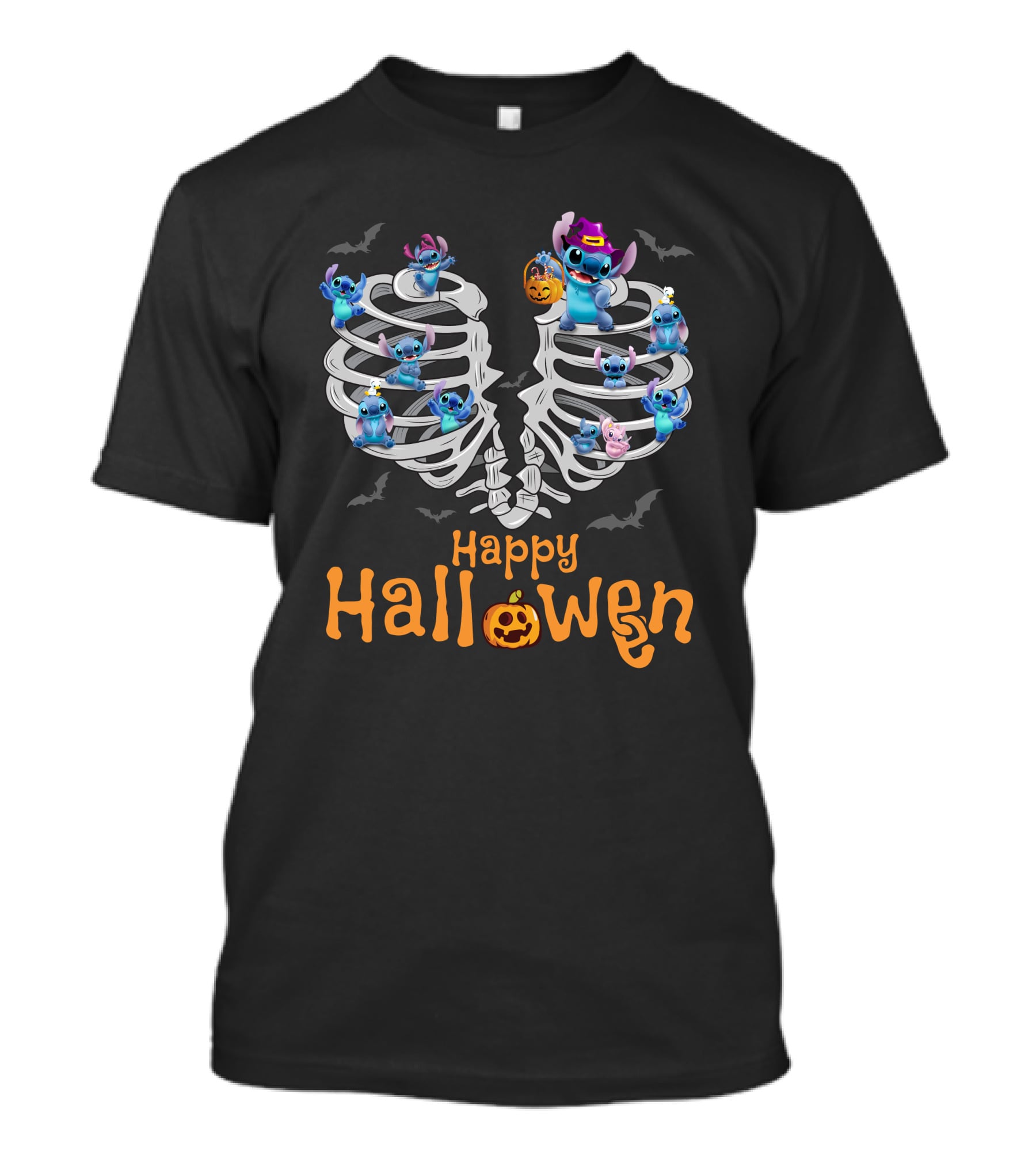 Happy Halloween Stitch Skeleton Ribcage Bats T-Shirt