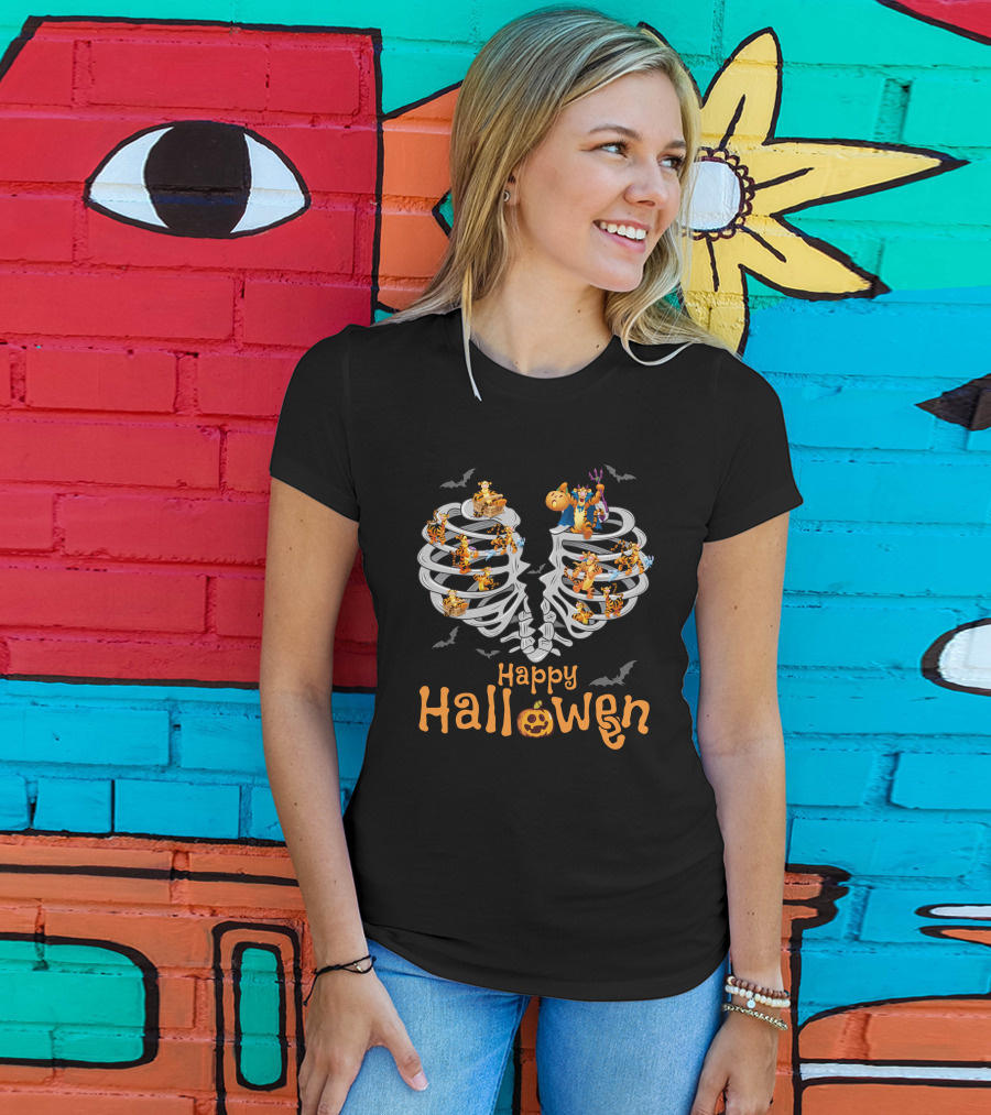 Happy Halloween Tigger Skeleton Ribcage Bat Pumpkin T-Shirt