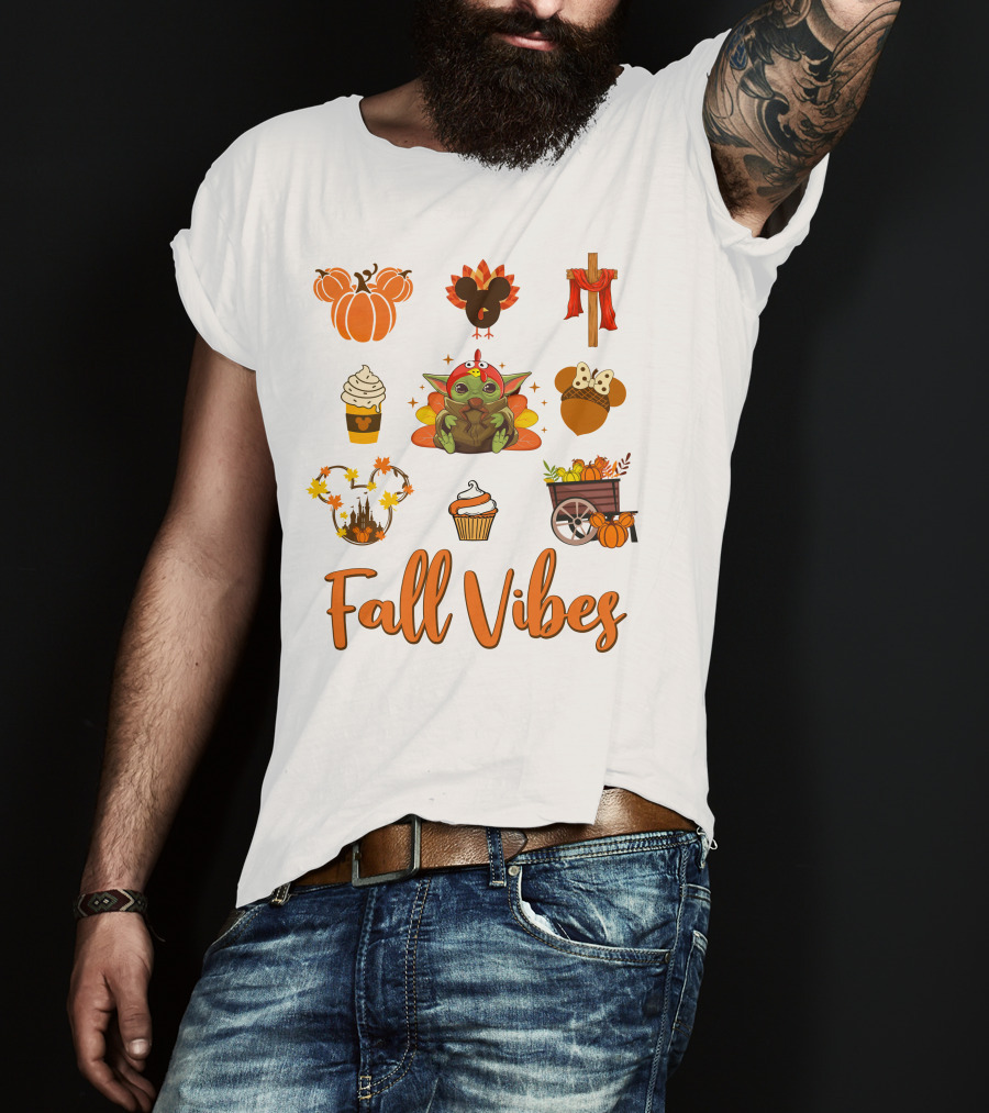 Fall Vibes Baby Yoda Pumpkin And Thanksgiving Elements T-Shirt