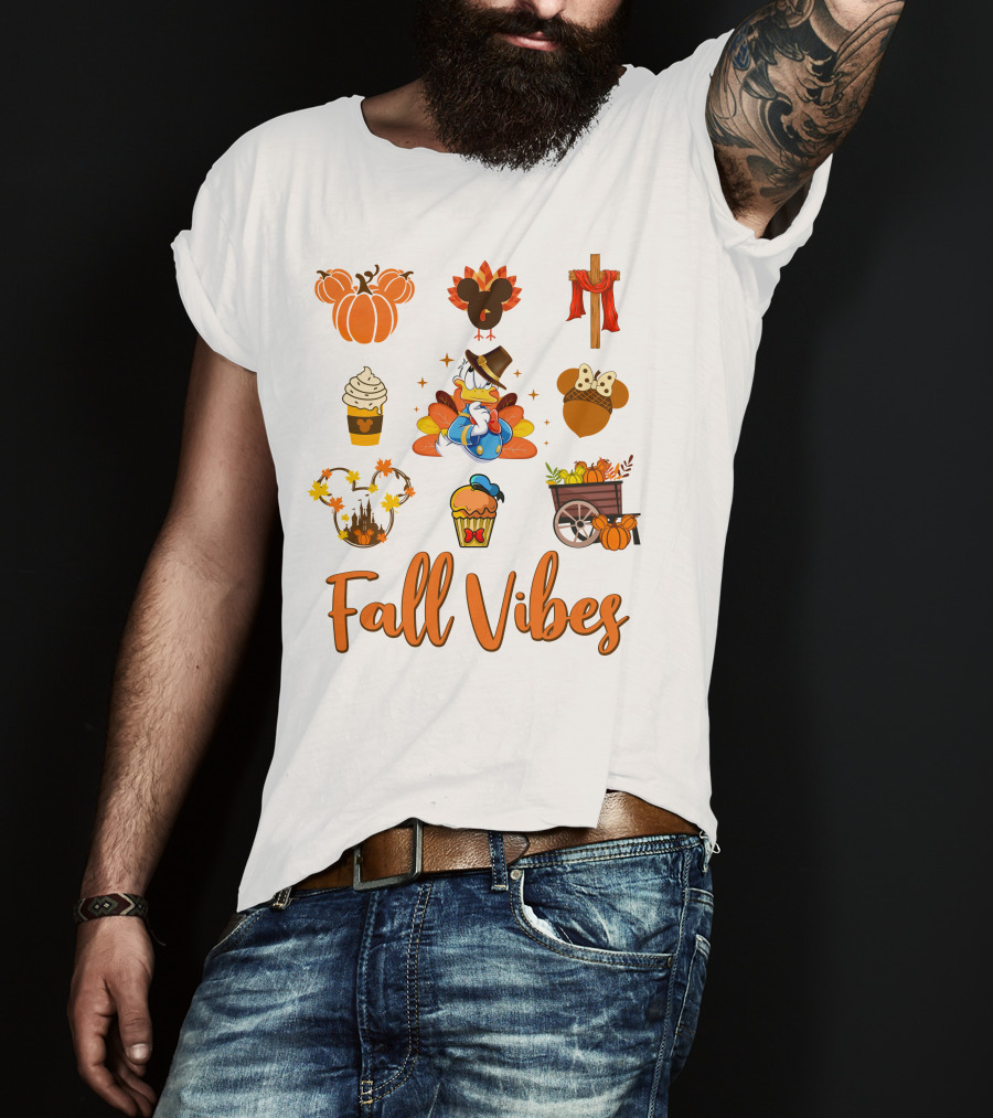 Fall Vibes Donald Thanksgiving Decorations Pumpkin Mickey Mouse Cupcake T-Shirt
