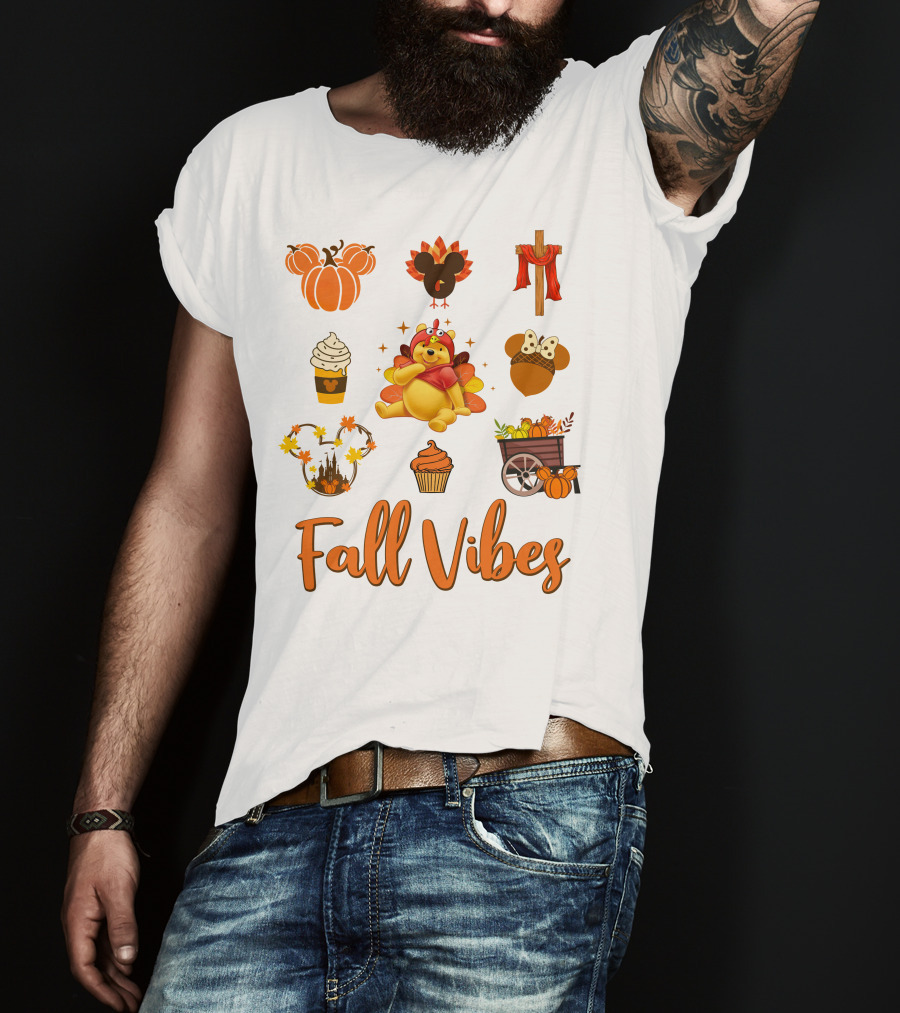 Fall Vibes Pooh Thanksgiving Pumpkin Cupcake Latte Turkey Cart T-Shirt