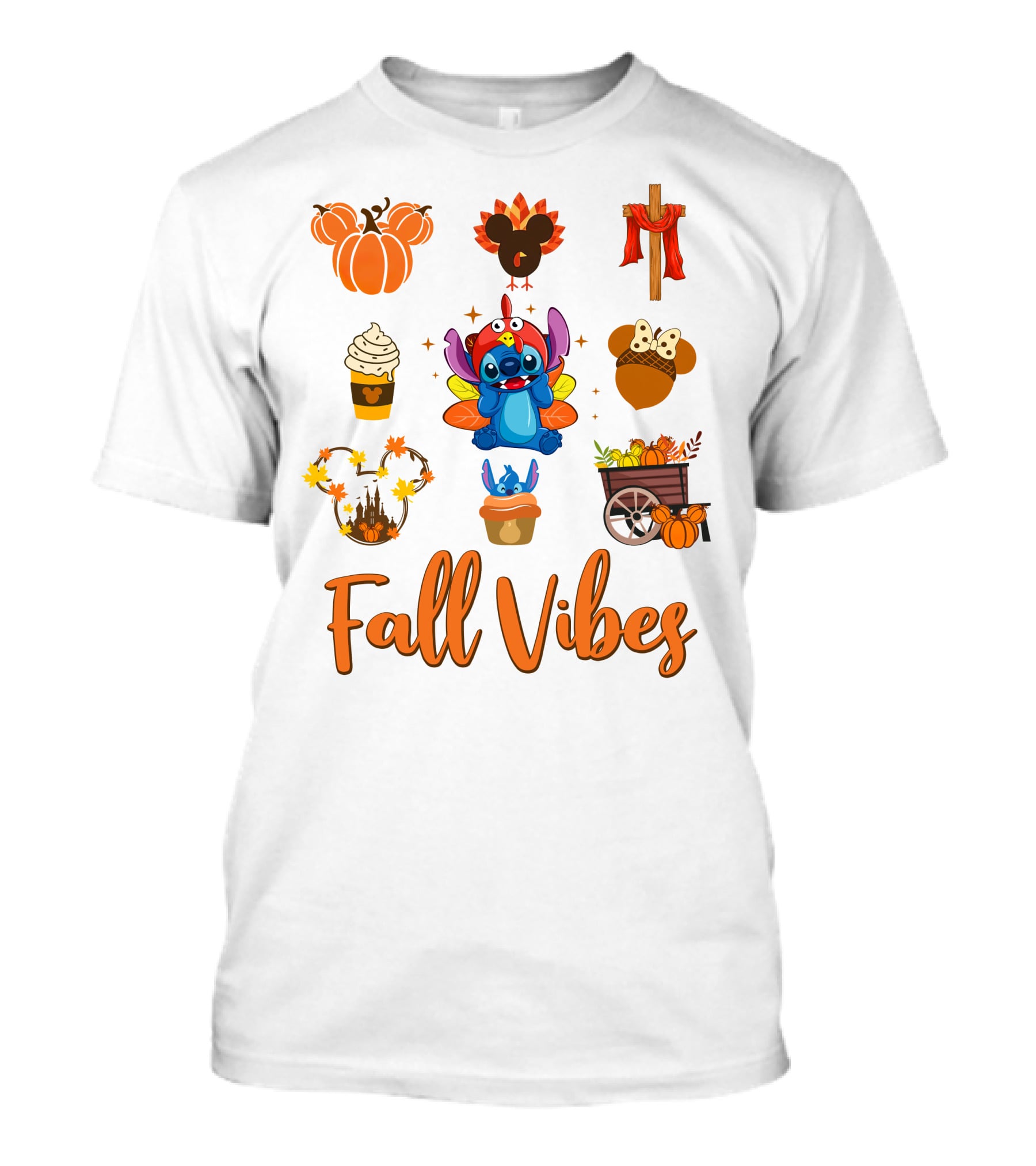 Stitch Fall Vibes Pumpkin Mickey Cupcake Autumn Cart Wagon Disney T-Shirt