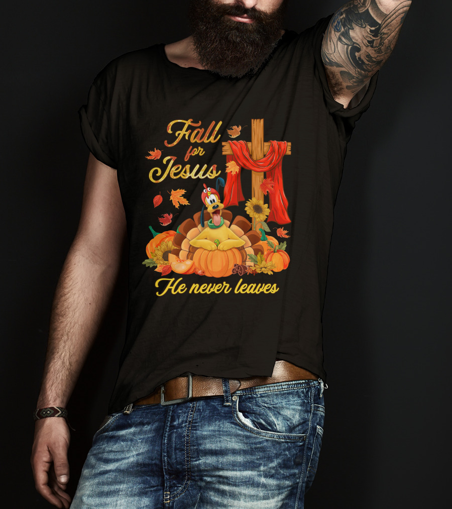 Fall For Jesus He Never Leaves Pluto Thanksgiving Cross Pumpkins T-Shirt
