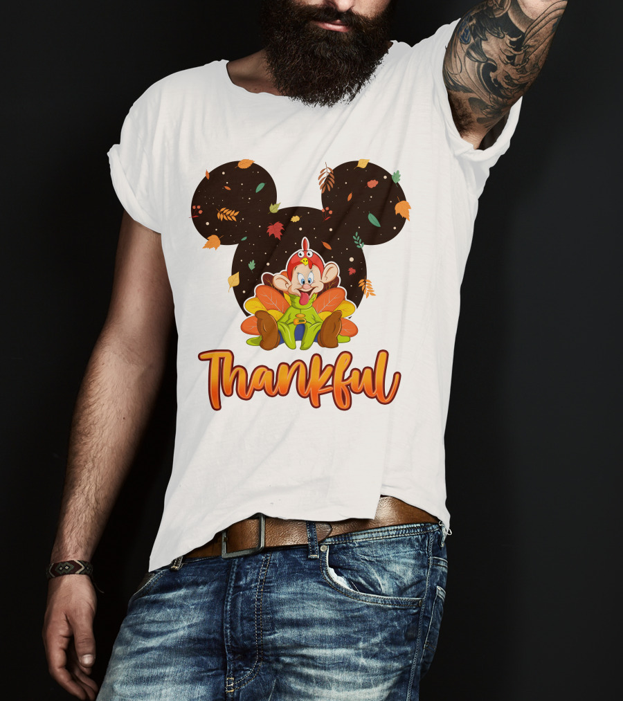 Thankful Dopey Thanksgiving Mickey Ears Fall Leaves T-Shirt