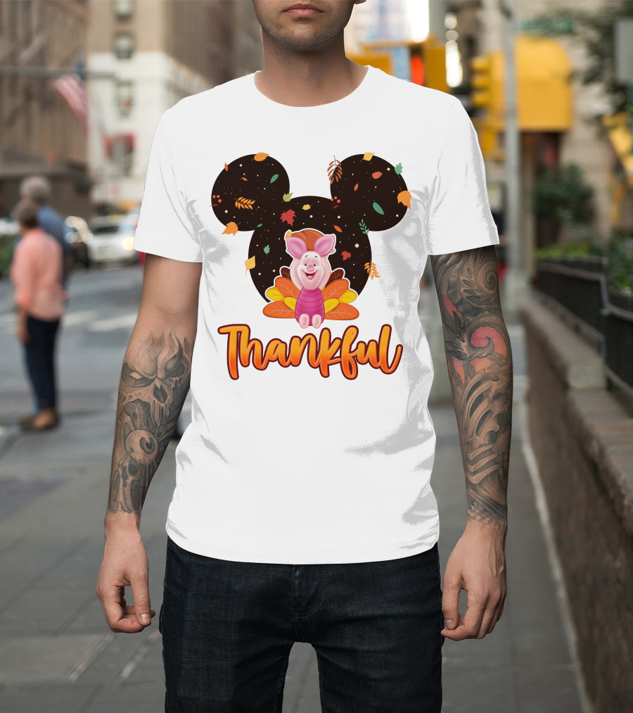 Thankful Piglet With Mickey Ears And Autumn Leaves T-Shirt