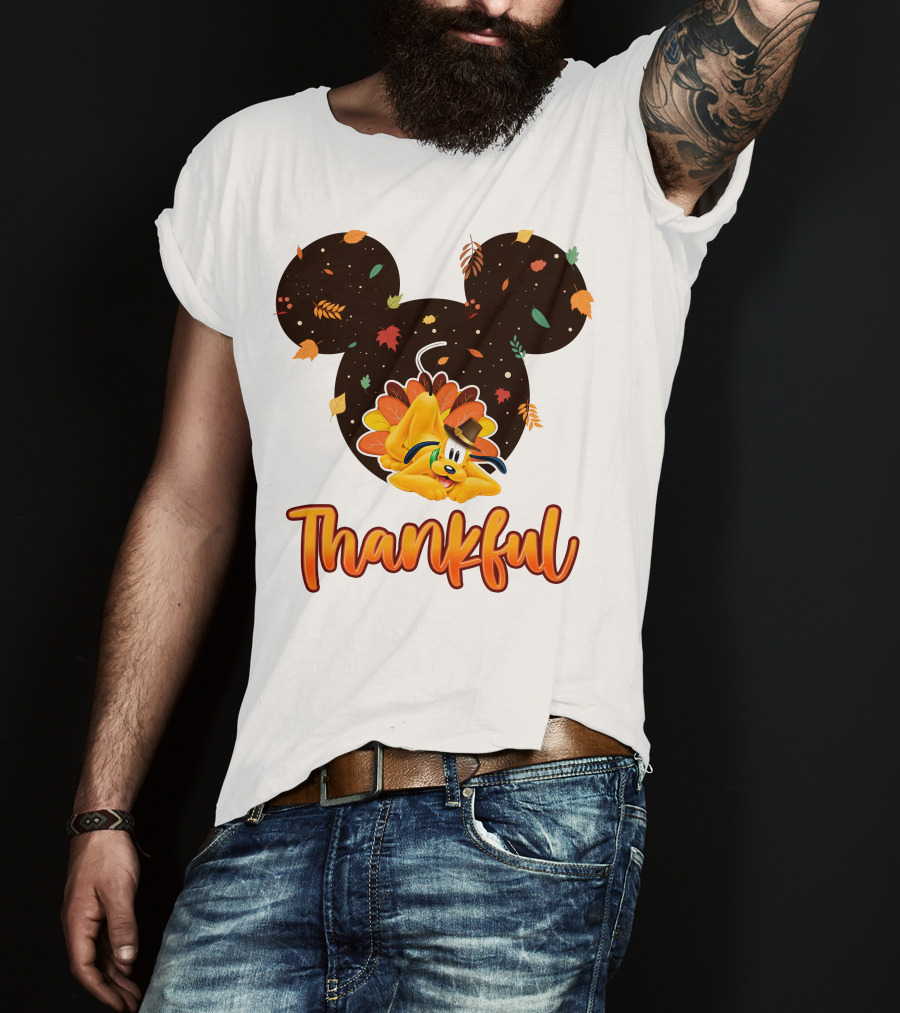 Thankful Pluto In Autumn Leaves Mickey Ears T-Shirt
