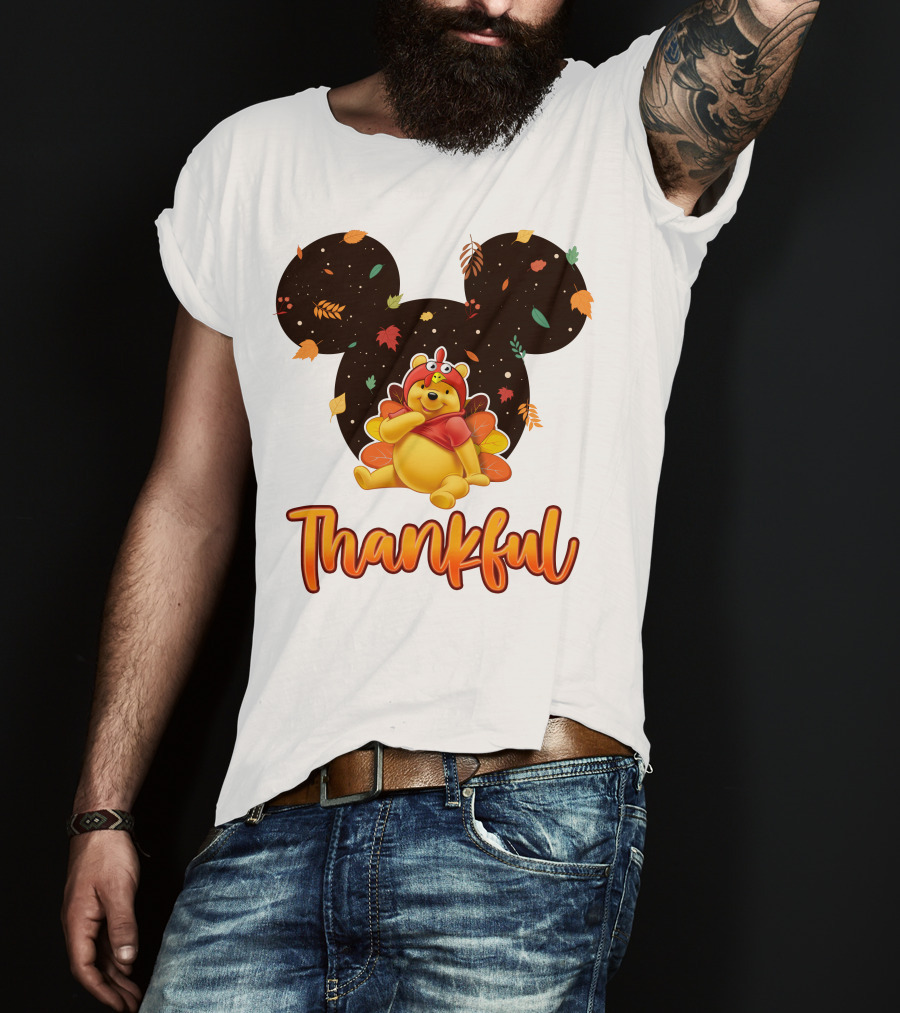 Thankful Pooh Turkey Costume Mickey Ears Leaves T-Shirt
