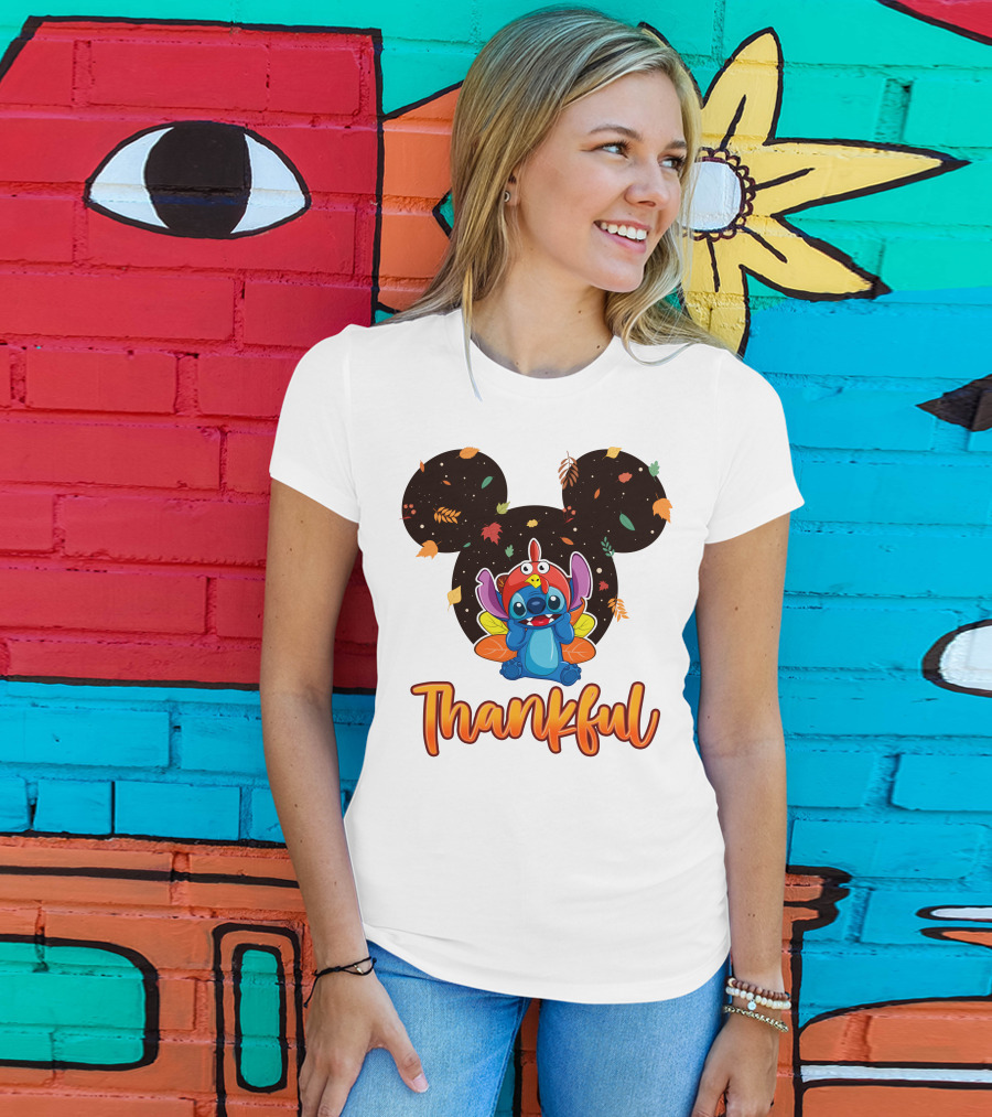 Thankful Stitch Thanksgiving Mickey Ears Autumn Leaves T-Shirt