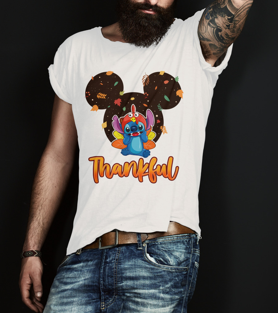 Thankful Stitch Thanksgiving Mickey Ears Autumn Leaves T-Shirt