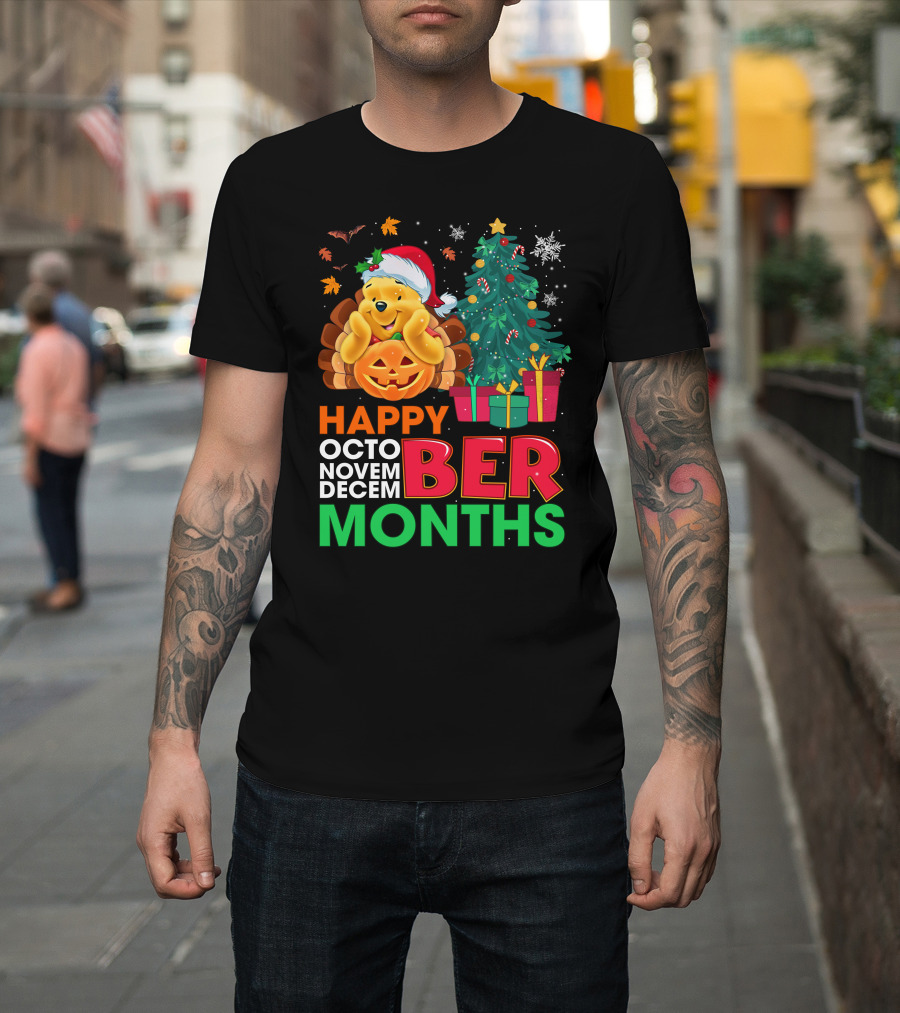 Happy Octo Novem Decem Ber Months Pooh Santa Hat Pumpkin Christmas Tree Gifts Snowflakes T-Shirt