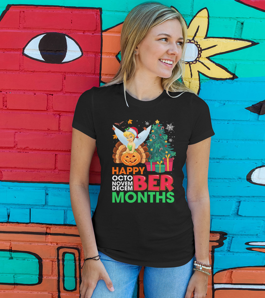 Happy Octo Novem Decem Ber Months Tinker Bell Christmas Tree Thanksgiving Pumpkin Santa Hat T-Shirt