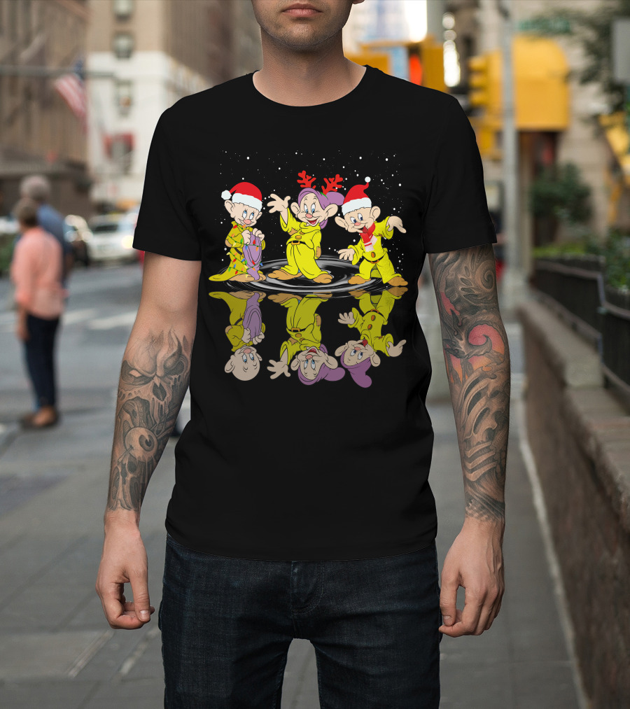 Dopey Christmas Reflections With Santa Hats And Reindeer Antlers T-Shirt