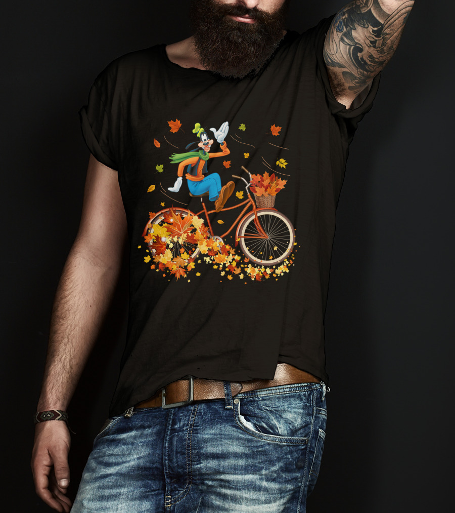 Goofy Autumn Bicycle Ride With Falling Leaves T-Shirt