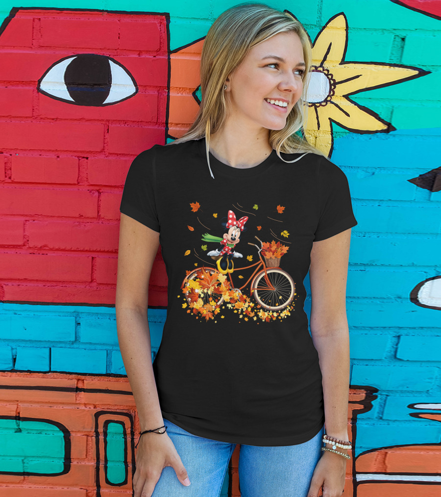 Minnie Mouse Autumn Bicycle Ride With Falling Leaves T-Shirt