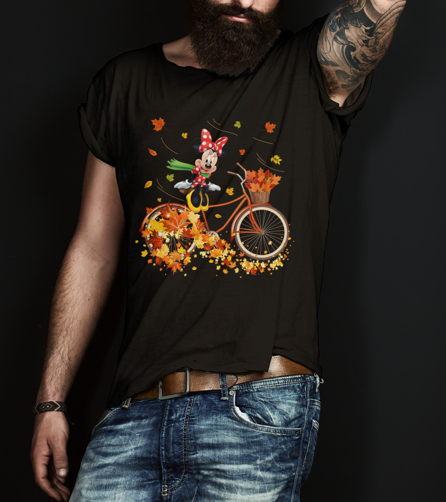 Minnie Mouse Autumn Bicycle Ride With Falling Leaves T-Shirt