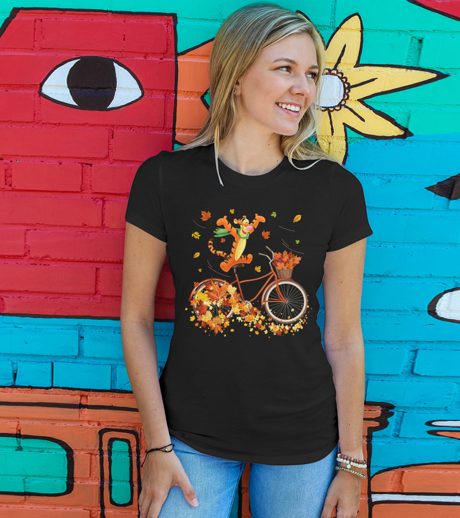Tigger Autumn Bicycle Adventure With Falling Leaves T-Shirt