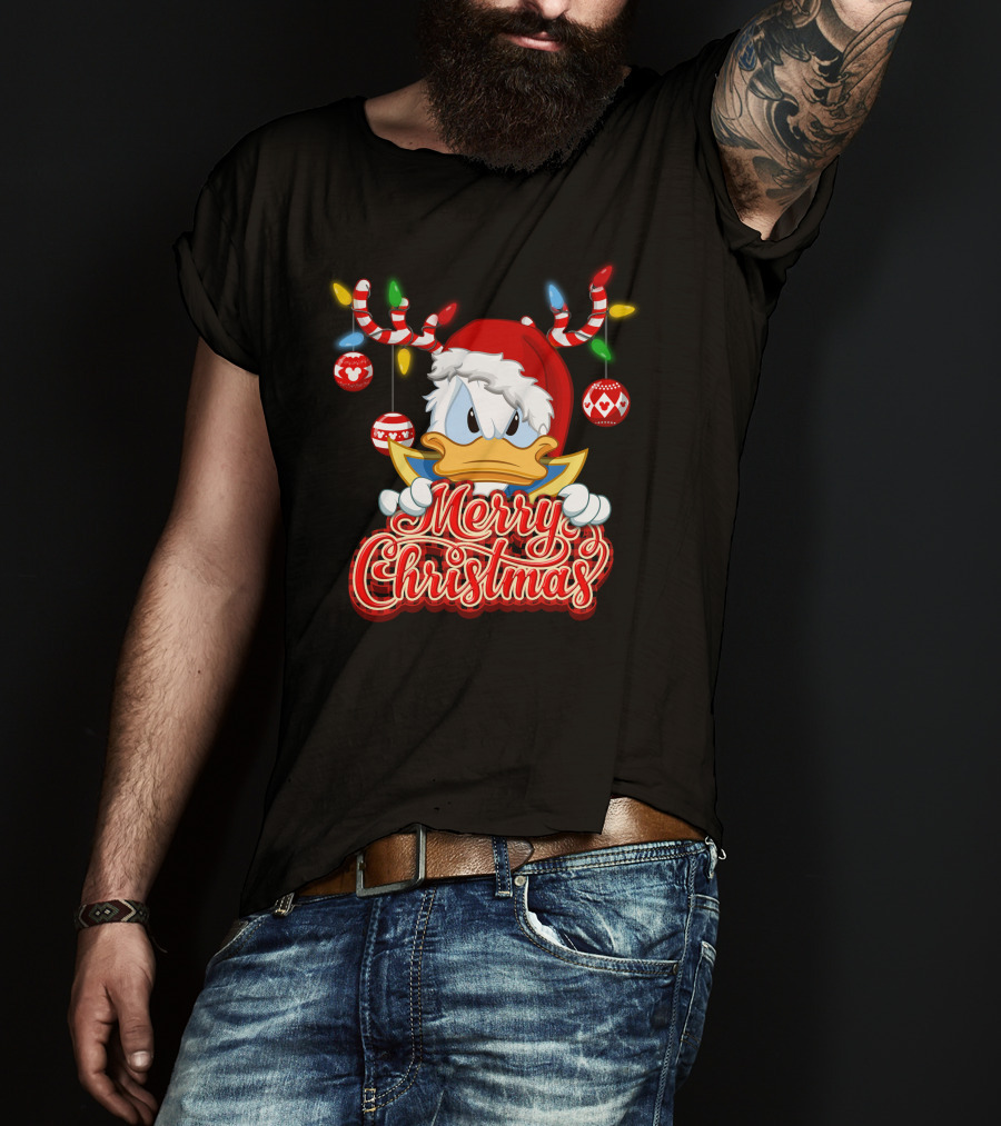 Merry Christmas Donald Wearing Santa Hat And Reindeer Antlers T-Shirt