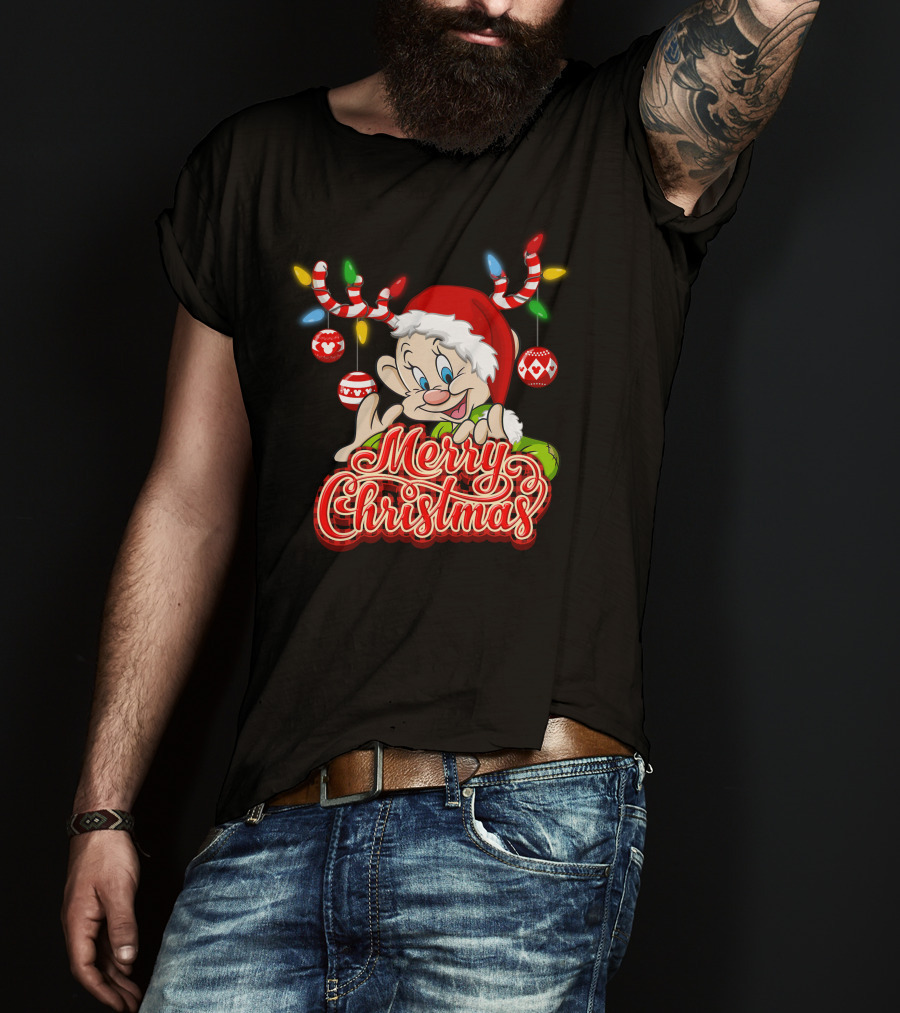 Merry Christmas Dopey Reindeer Antlers And Santa Hat With Christmas Ornaments T-Shirt