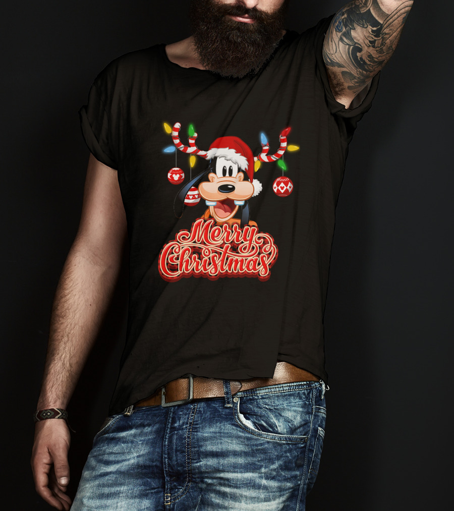 Merry Christmas Goofy Santa Hat Lights Antlers T-Shirt
