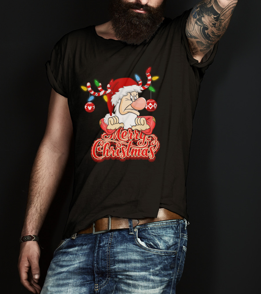 Grumpy Merry Christmas Santa With Reindeer Antlers And Festive Ornaments T-Shirt