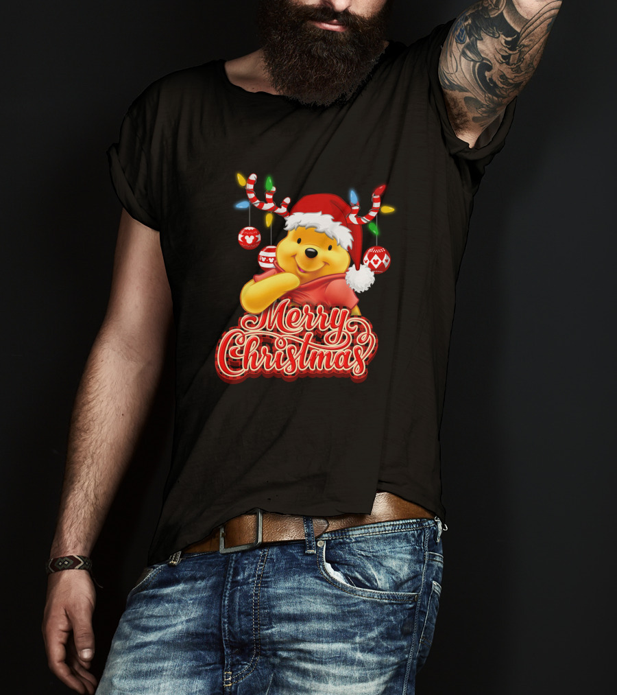 Merry Christmas Pooh Santa Hat Festive Lights Antlers T-Shirt