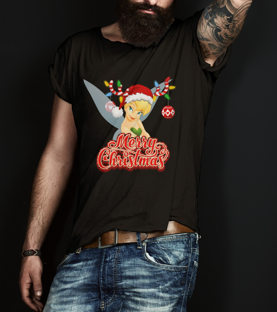 Merry Christmas Tinkerbell Santa Hat Reindeer Antlers Lights Holiday T-Shirt