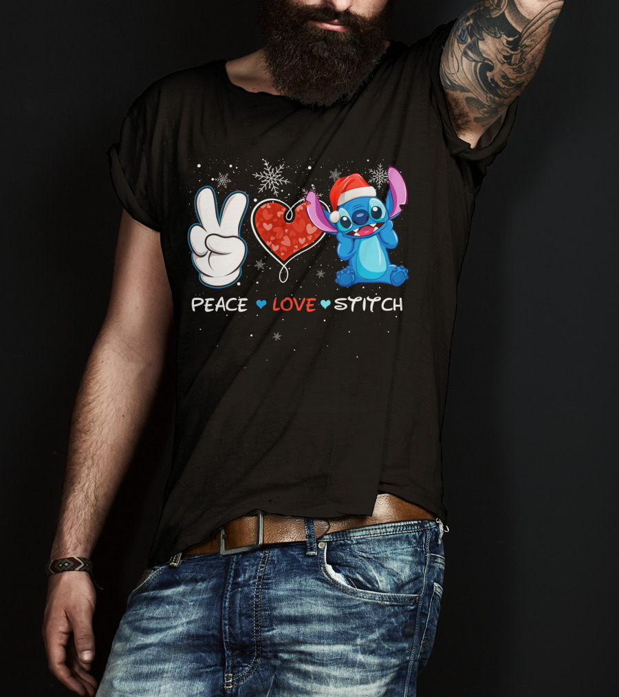 Peace Love Stitch Christmas Santa Hat T-Shirt