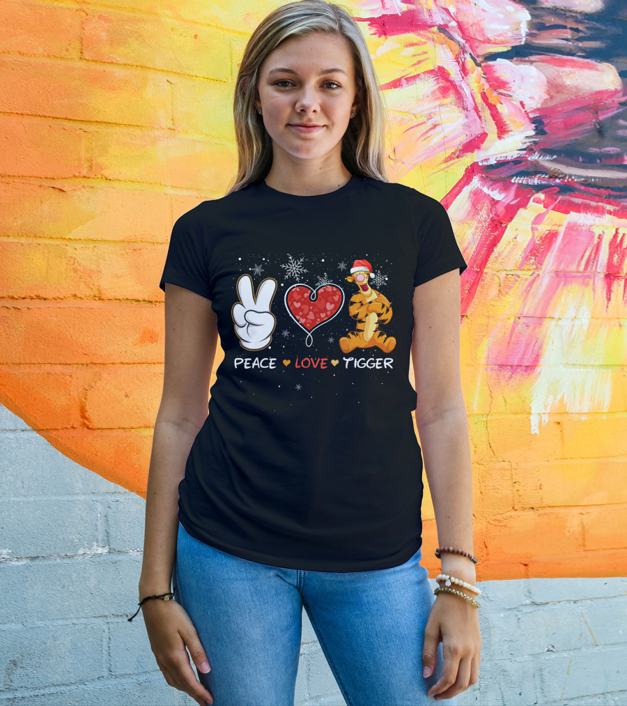 Peace Love Tigger Santa Hat Snowflakes T-Shirt