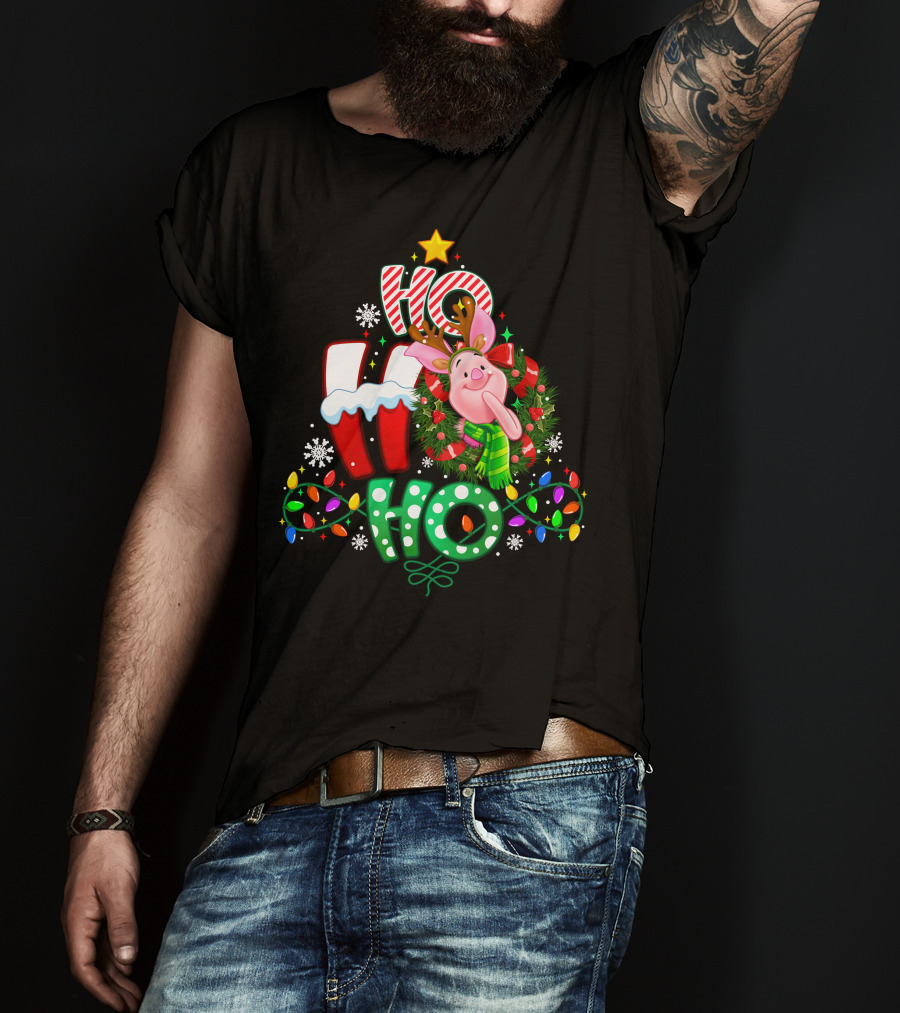 Ho Ho Ho Christmas Piglet Reindeer Lights Snowflakes T-Shirt