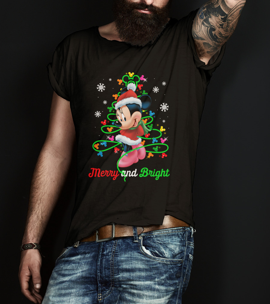 Merry And Bright Minnie Christmas Mickey Ears Holiday Snowflakes T-Shirt