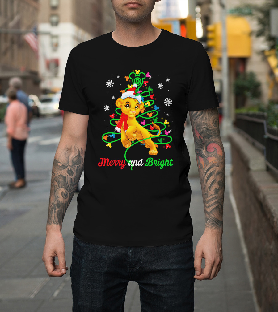 Merry And Bright Simba Christmas Snowflakes Santa Hat T-Shirt