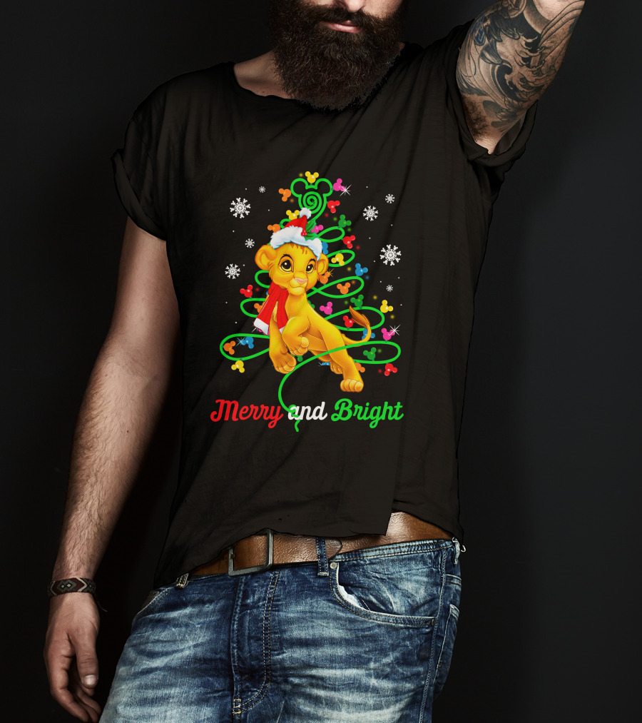 Merry And Bright Simba Christmas Snowflakes Santa Hat T-Shirt