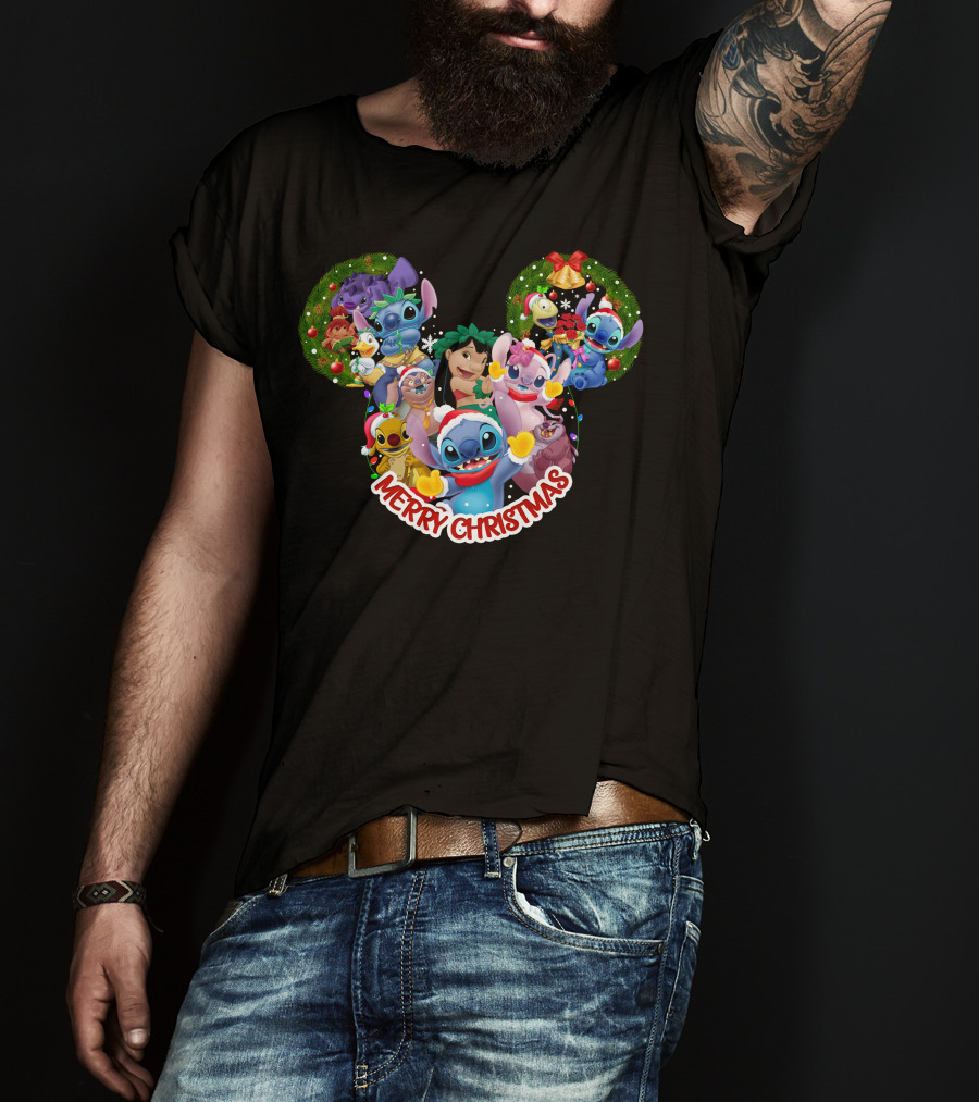 Merry Christmas Lilo And Stitch Disney Mickey Ears Wreath T-Shirt