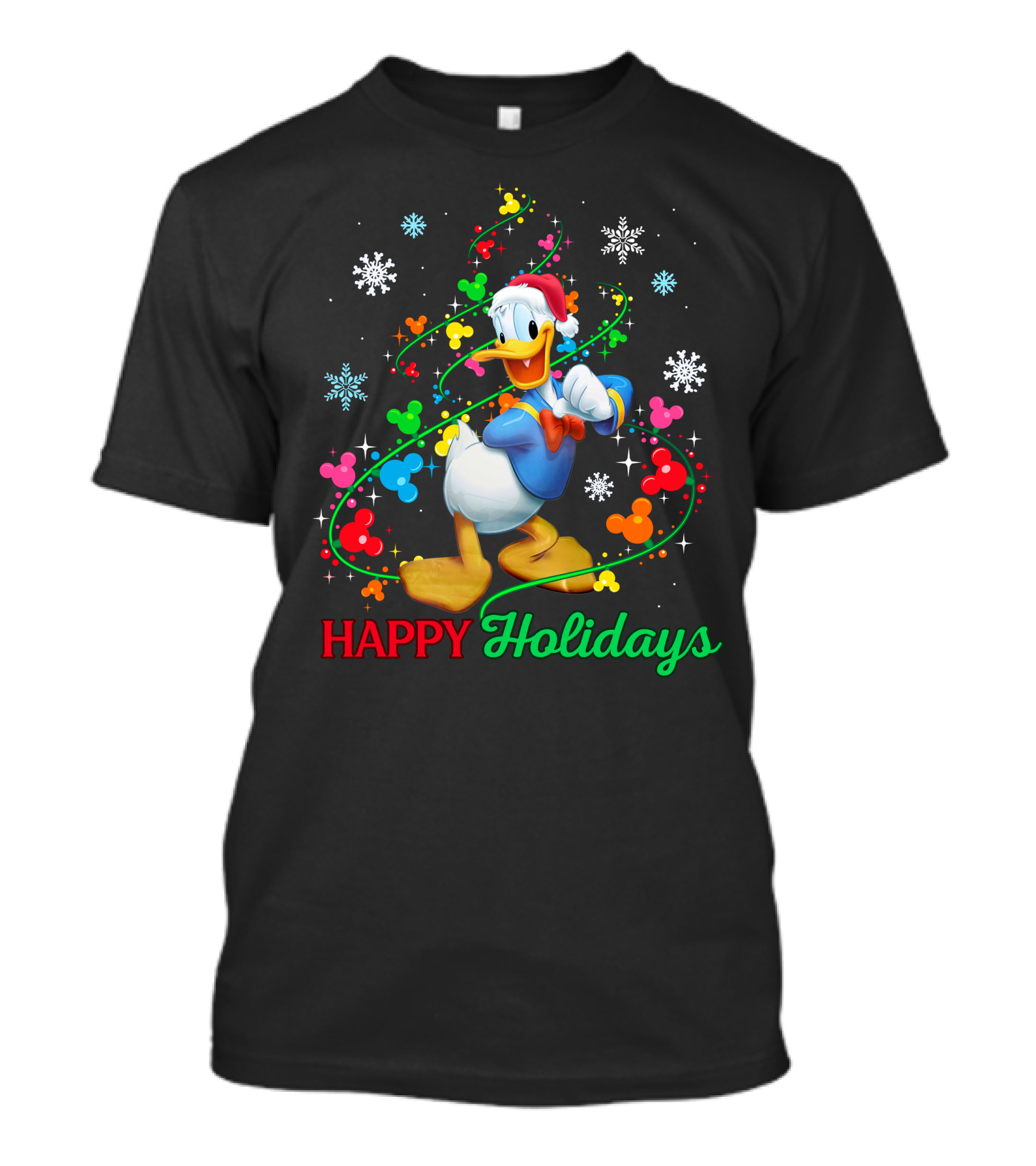 Happy Holidays Donald Duck Santa Hat Snowflake Icons And Mickey Heads T-Shirt