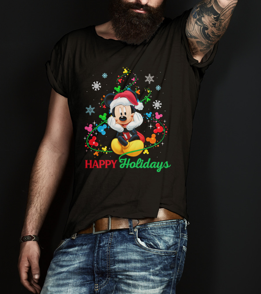 Mickey Happy Holidays Snowflakes Christmas Lights T-Shirt