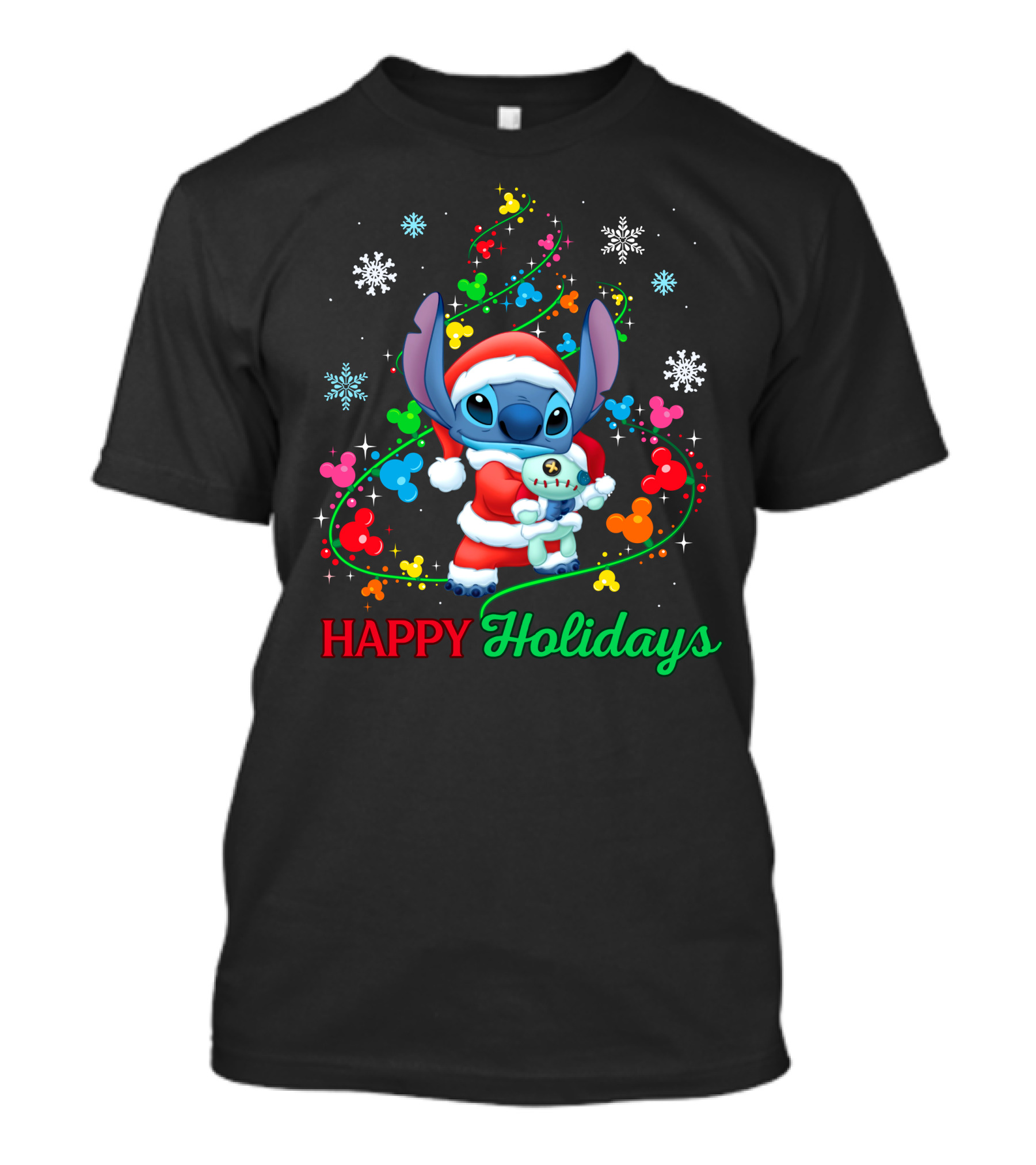 Happy Holidays Stitch Santa With Snowflakes And Mickey Mouse Ears T-Shirt