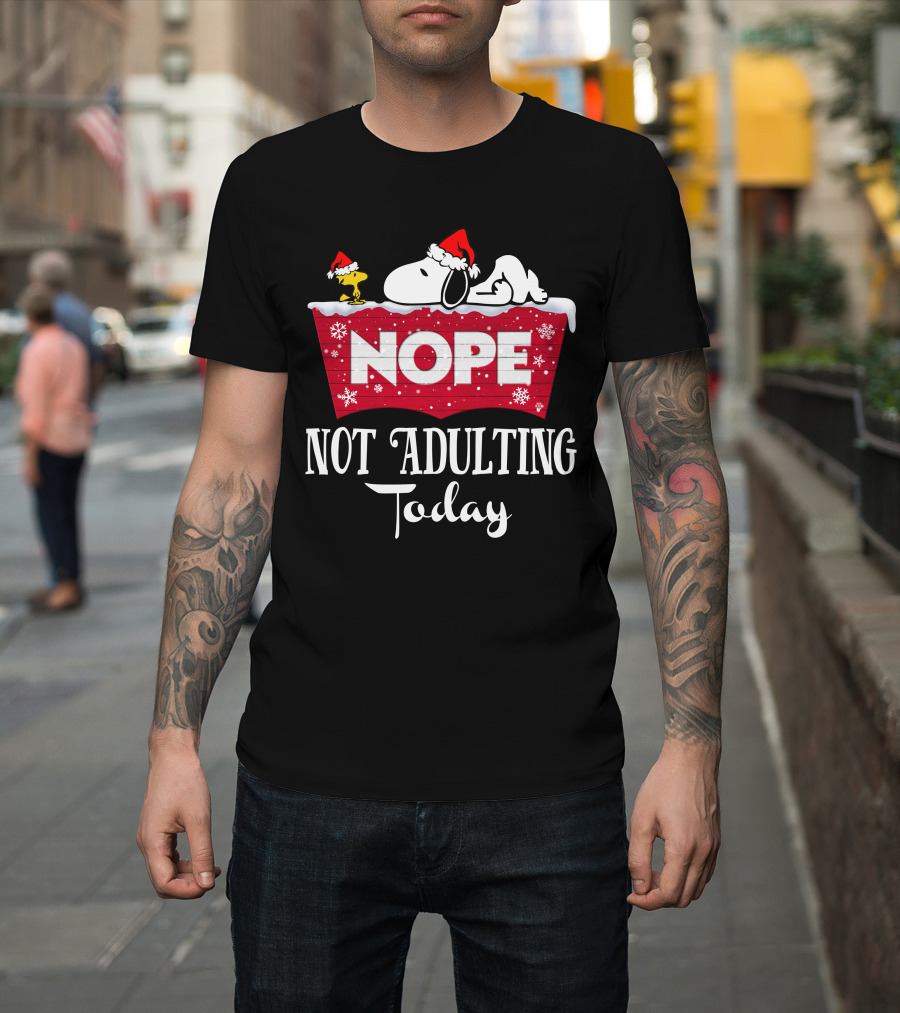 Snoopy Nope Not Adulting Today Christmas Santa Hat Snowflakes T-Shirt