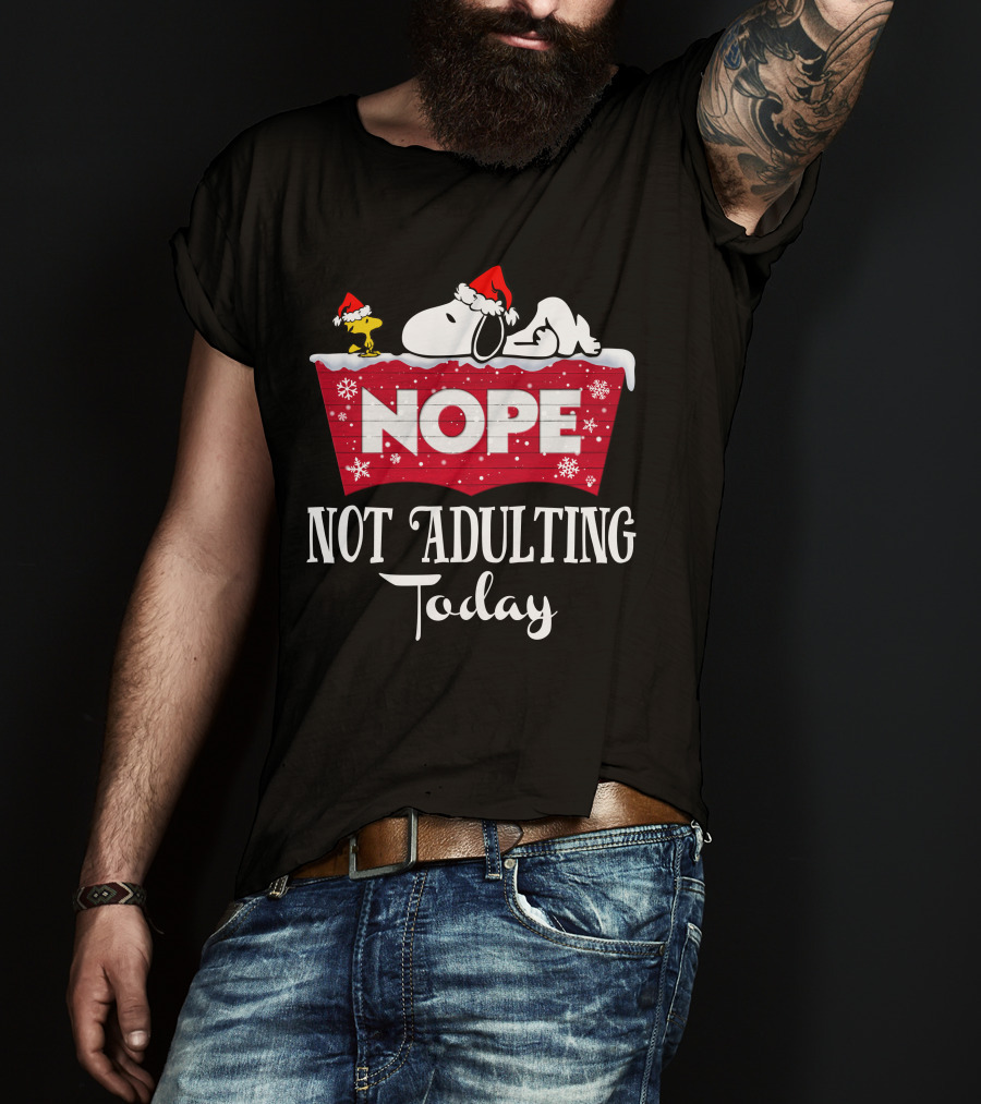 Snoopy Nope Not Adulting Today Christmas Santa Hat Snowflakes T-Shirt