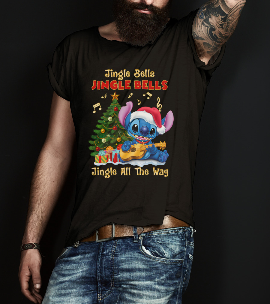 Jingle Bells Jingle Bells Jingle All The Way Stitch Christmas Tree Ukulele T-Shirt