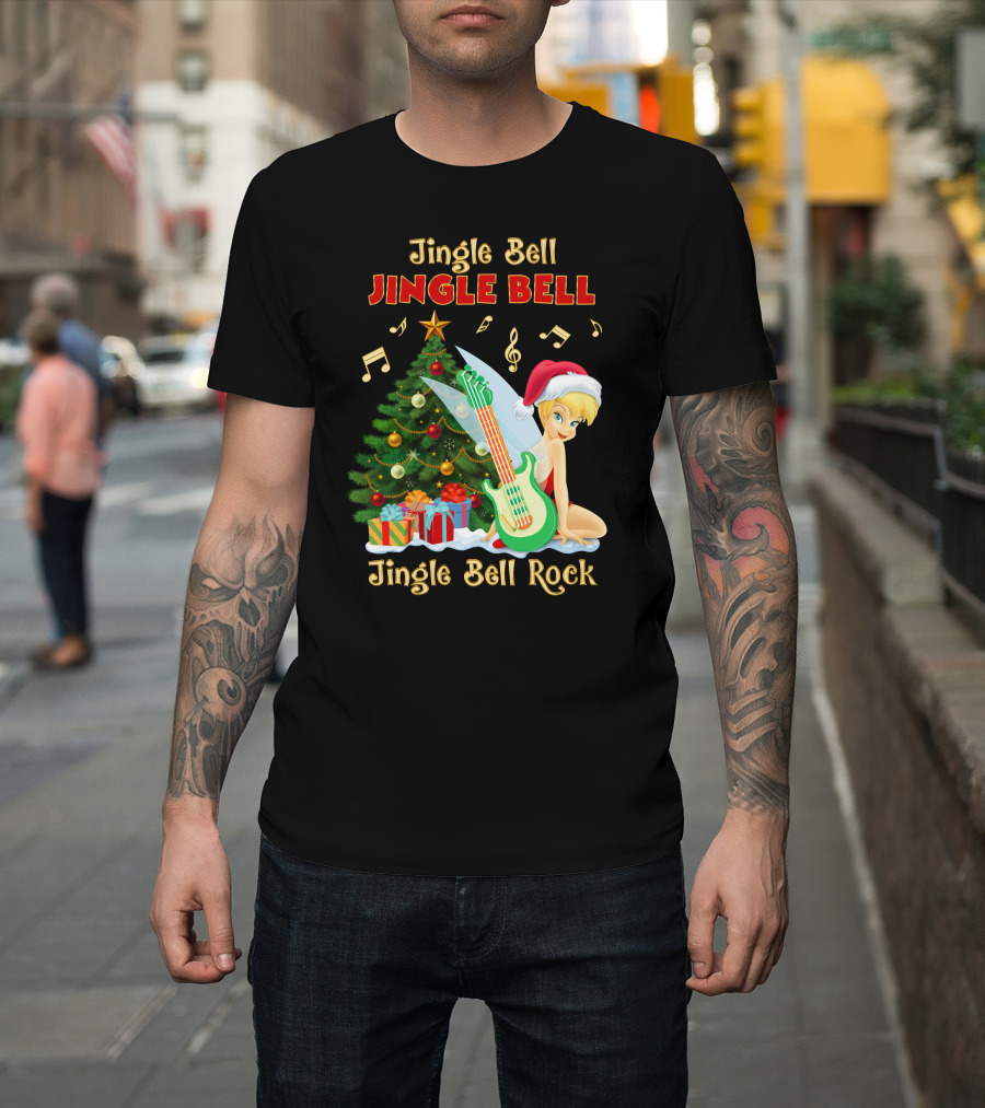 Jingle Bell Jingle Bell Jingle Bell Rock Christmas Tinkerbell Santa Hat Guitar Tree Music T-Shirt