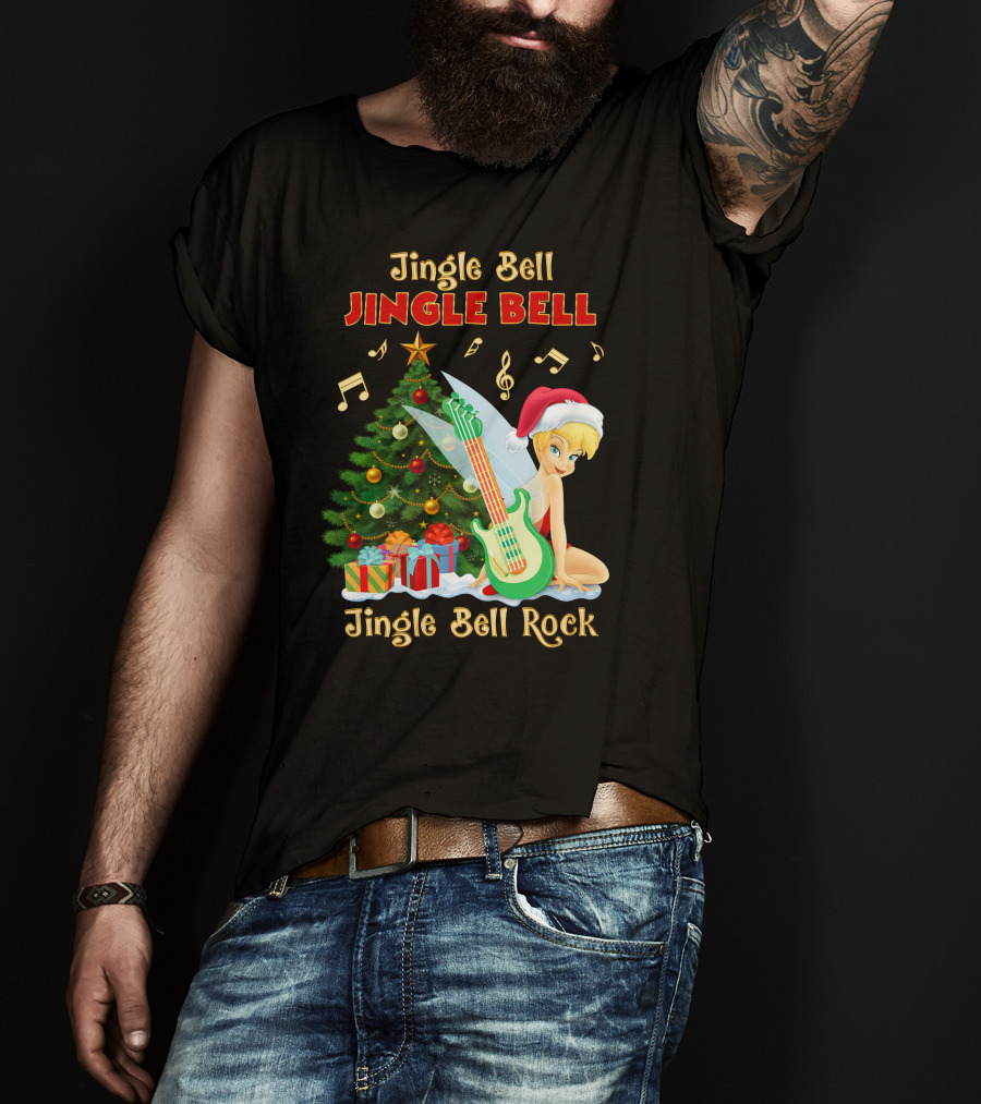 Jingle Bell Jingle Bell Jingle Bell Rock Christmas Tinkerbell Santa Hat Guitar Tree Music T-Shirt